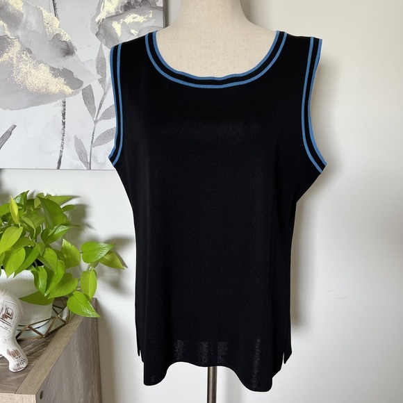 Misook Tops - Misook Tank Top Womens XL Black Knit Scoop Neck Blue Trim Sleeveless Minimalist